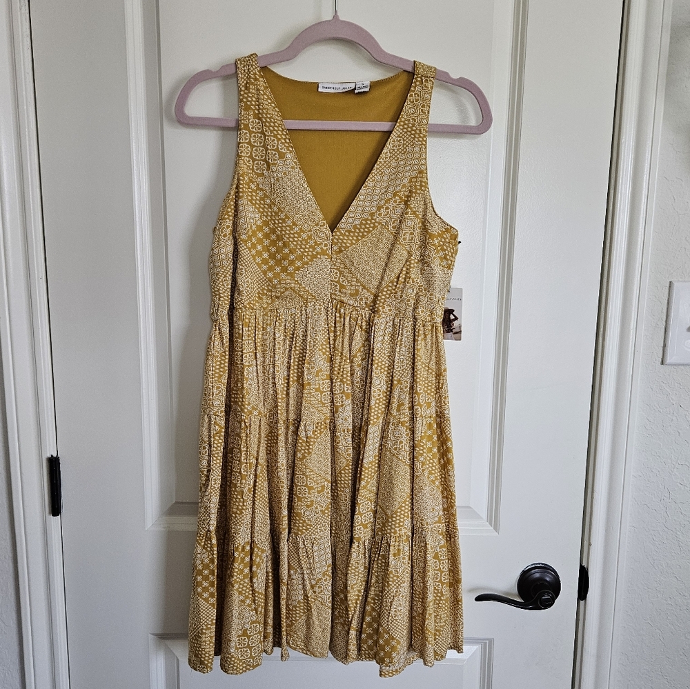 NWT Sincerely Jules Mustard White Patterned Mini Babydoll Dress Size Small